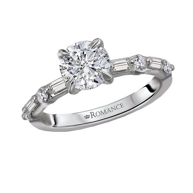 Alternating Round & Baguette Semi Mount Engagement Ring for 1.0Ct Round in 14k White Gold: 0.30ctw Diamonds