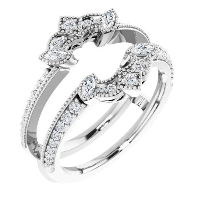 Art Deco Milgrain Accented Diamond Ring Guard in 14K White Gold:0.38ctw Diamonds