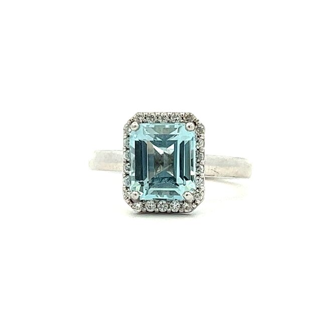 Emerald Cut Aquamarine with Diamond Halo Ring in 14k White Gold: 1.89ct Aquamarine; 0.17ctw Diamonds