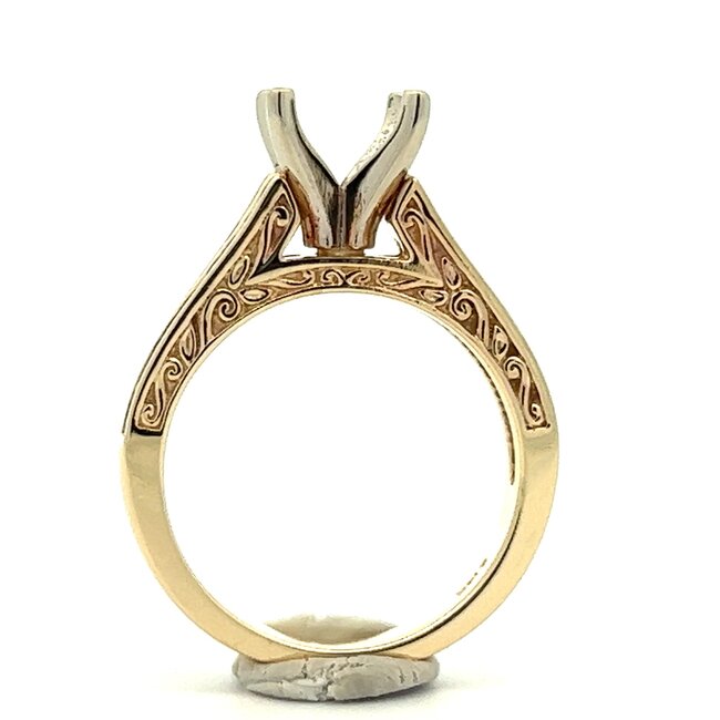 Wide Fancy Scroll Solitaire Engagement Ring with Cathedral Shank for 7.5mm RBC in 14k Yellow Gold