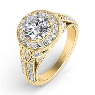 Vintage Style Diamond Halo Engagement Ring Semi Mount for 1.25ct Round in 14k Yellow Gold: 0.65ctw Diamonds