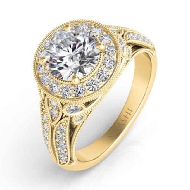 Vintage Style Diamond Halo Engagement Ring Semi Mount for 1.25ct Round in 14k Yellow Gold: 0.65ctw Diamonds