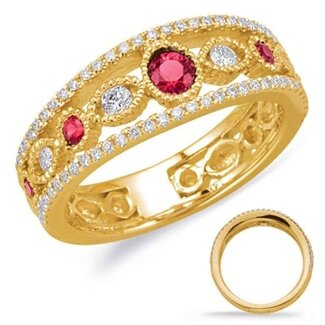 Antique Inspired Ruby & Diamond Milgrain Fashion Band in 14k Yellow Gold: 0.33ctw Rubies; 0.37ctw Diamonds