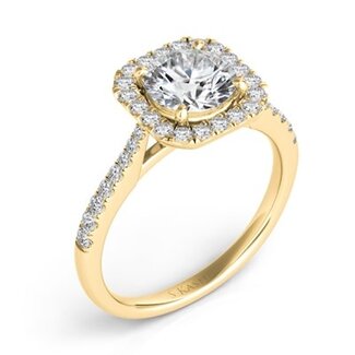 Petite Cushion Diamond Halo Engagement Ring Semi Mount for 1.0ct Round in 14k Yellow Gold: 0.35ctw Diamonds