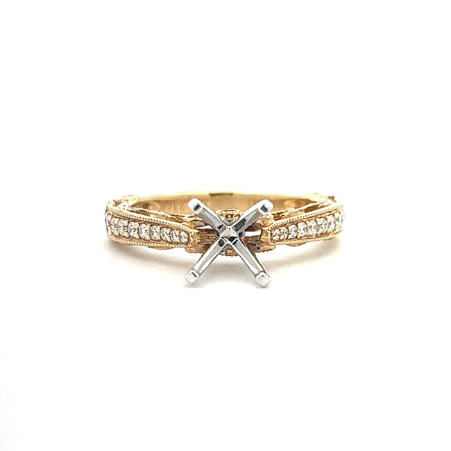 Vintage Engagement Ring Semi-Mount with Diamond Accents for 1ct Round in 14k Yellow Gold: 0.23ctw Diamonds