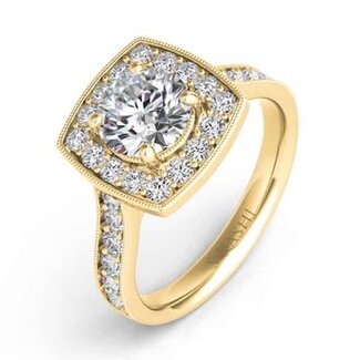 Cushion Shaped Diamond Halo with Diamond Accents Semi-Mount Engagement Ring for 1.0ct Round in 14k Yellow Gold: 0.63ctw Diamonds