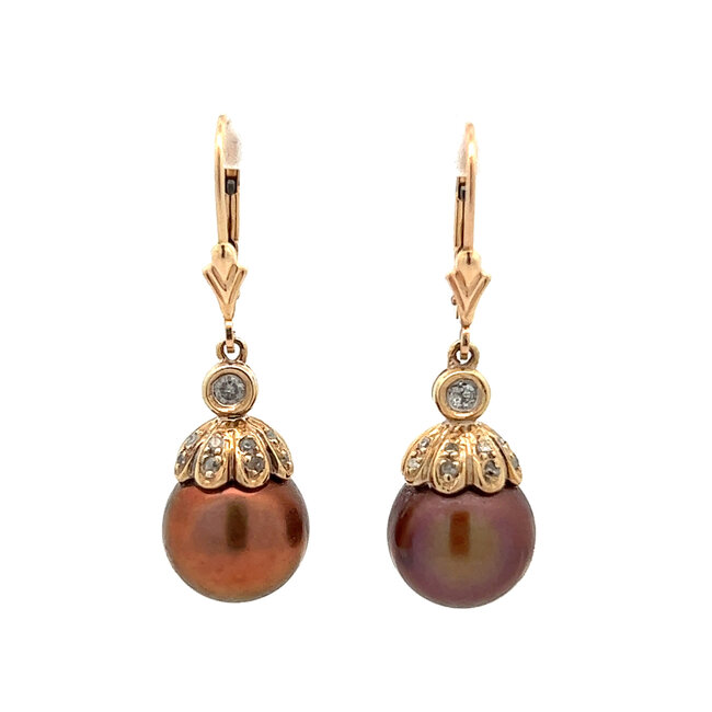 Chocolate Freshwater Pearl Lever Back Earrings with Diamond Accents in 14k Yellow Gold: 10.5mm Pearls; 0.20ctw Diamonds
