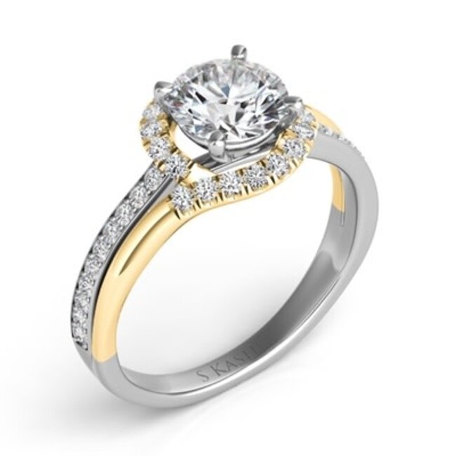 Diamond Bypass Halo Engagement Ring Semi Mount for 1.0ct Round in 14k White and Yellow Gold: 0.32ctw Diamonds