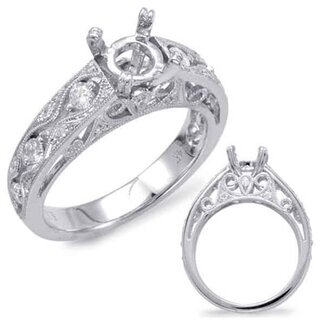 Tall Vintage Milgrain Style Engagement Ring Semi Mount for 1.0ct Round in 14k White Gold: 0.39ctw Diamonds