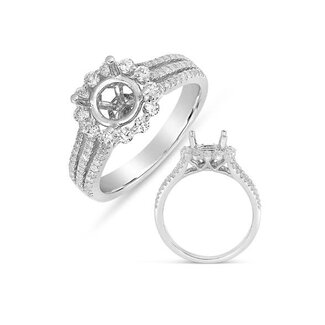 Three Row Pave Set Band with Shared Prong Halo Engagement Ring Semi Mount for 1.0ct Round: in 14K White Gold: 0.44ctw Diamonds