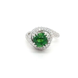 Diamond Swirl Ring with Round Tsavorite Garnet Center in 14k White Gold:2.23ct Tsavorite; 1.36ctw Diamonds