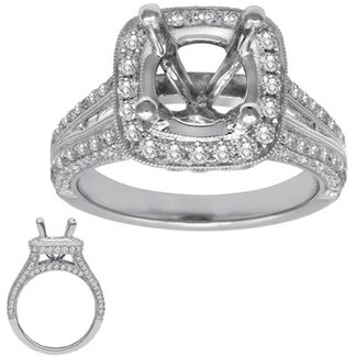 Vintage Inspired Baguette & Round Cushion Halo Mounting for 1.50ct Round in 14k White Gold: 1.14ctw Diamonds