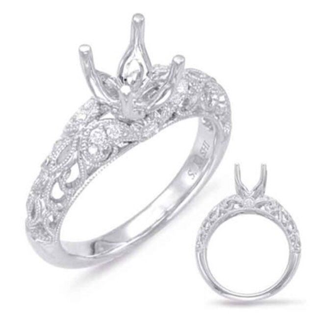 Vintage Filigree Style Engagement Ring Semi Mount for 1.0ct Round in 14k White Gold: 0.14ctw Diamonds