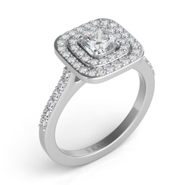 Double Cushion Halo Engagement Ring Semi Mount for 5.5mm Cushion in 14k White Gold: 0.60ctw Diamonds
