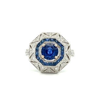 Art Deco Sapphire and Diamond Statement Ring  in 14k White Gold:  1.31ct Center Sapphire;  0.53ctw Sapphires; 0.25ctw  Diamonds