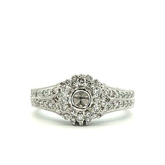 Vintage Inspired Diamond Halo with Split Shank Semi-Mount Engagement Ring for 0.50ct Round in 14k White Gold: 0.70ct Diamonds