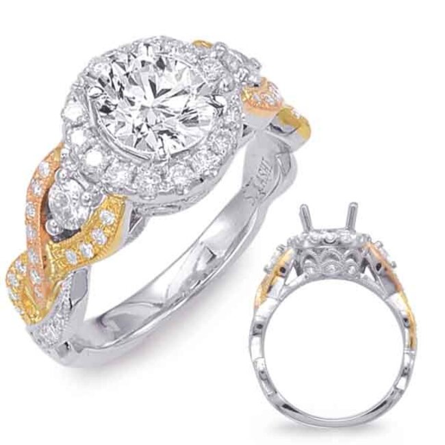 Unique Diamond Halo Twist Engagement with Milgrained Diamond Accents Semi Mount for 1.0ct Round  in 14k Yellow, White & Rose Gold: 0.61ctw  Diamonds