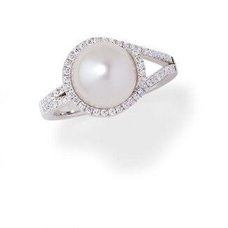 Chatham Cultured Pearl Ring with Diamond Halo & Accents in 14k White Gold: 9.5mm, 0.34ctw Diamonds