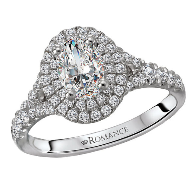 Romance Gorgeous halo semi mount engagement ring is embellished with round brilliant cut diamonds set in high polished 14k white gold. This halo ring will accommodate a 1/2 carat oval diamond canter.  (D 1/2 carat total weight)