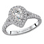 Romance Double halo high polished 14kt white gold ring is lined with shimmering diamonds encompassing the 3/4 ct pear center. (D 1 1/5 carat weight; includes 3/4 carat center)