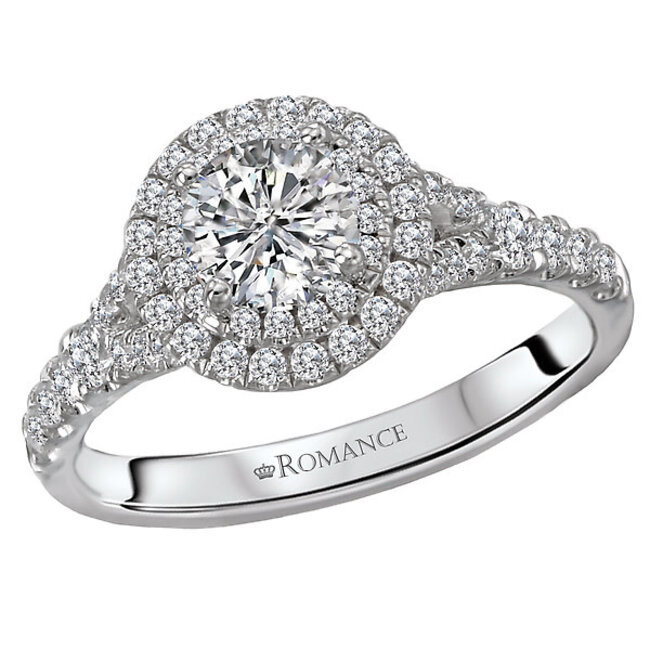Romance Gorgeous semi mount engagement ring is embellished with round brilliant cut diamonds set in high polished 14kt white gold. This halo ring will accommodate a 3/4ct round diamond. (D 1/2 carat total weight)