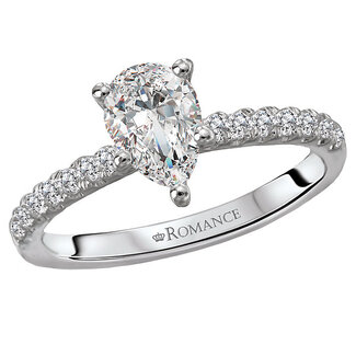 Romance This classic bridal ring features a 3/4ct pear shaped center surrounded by glitzing diamonds lining the shank that is crafted in high polished 14kt white gold. (D 7/8 carat total weight)
