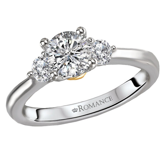 Romance Gorgeous semi mount engagement ring is embellished with three brilliant cut diamonds set in high polished 14k white gold with a 14k yellow gold accent. This three stone ring will accommodate a 5.8MM round diamond in the center. (D 1/4 ctw)