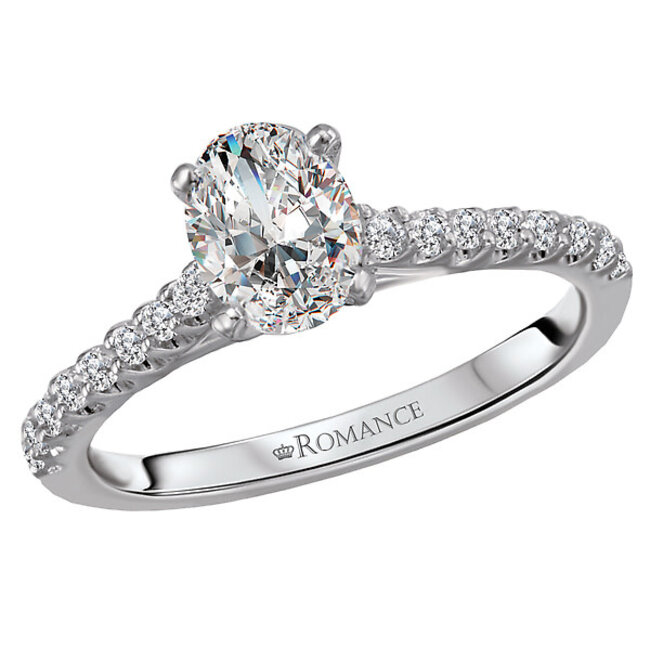 Romance Diamonds sparkling on this bridal ring crafted in high polished 14kt white gold. This ring showcases diamonds lining the shank and features a setting that will accommodate a 7x5mm oval shaped center.   (D 1/5 carat total weight)