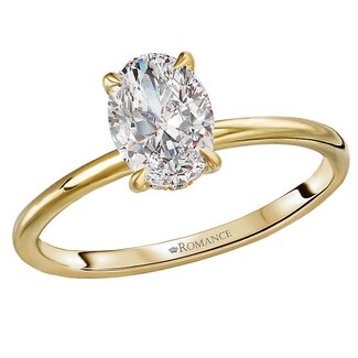 Romance This 14kt yellow gold semi-mount engagement ring has a hidden halo of diamonds underneath a center setting that will accommodate a 7.5x5.5mm oval shaped diamond. (D .06 carat total weight)