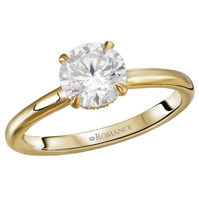 Romance This semi-mount 14kt yellow gold engagement ring has a stunning hidden halo of diamonds underneath a center setting that will accommodate a 6.5mm round diamond. (D .05 carat total weight)