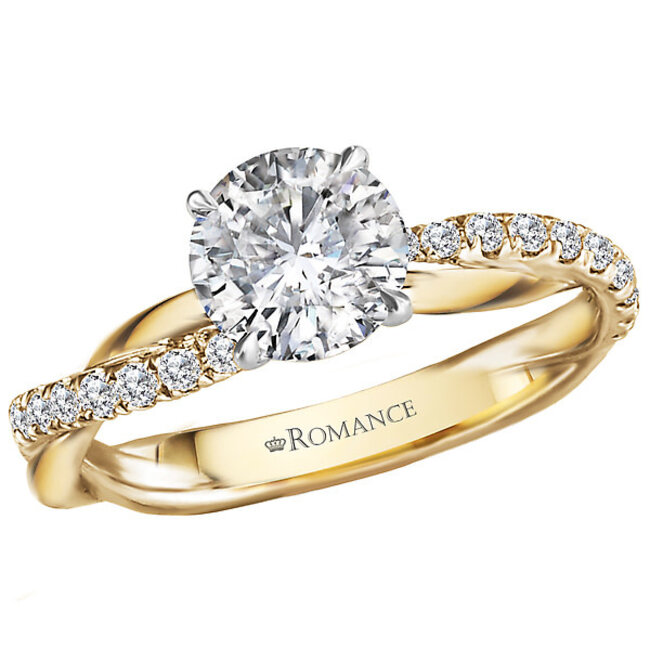 Romance This is a beautiful semi-mount engagement ring features a band crafted of twisted 14kt yellow gold and diamonds that showcase a setting that will accommodate a round 6.5mm diamond. (D1/5 carat total weight)