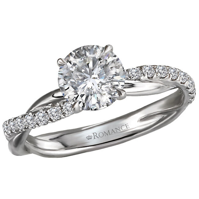 Romance This is a beautiful semi-mount engagement ring features a band crafted of twisted 14kt white gold and diamonds that showcase a setting that will accommodate a round 6.5mm diamond. (D 1/5 carat total weight)