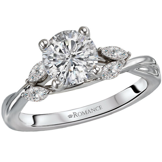 Romance This semi-mount bridal ring is crafted in high polish 14kt white gold that twists along the shank leading up to 4 marquise diamonds on either side of a center setting that will accommodate a 6.5mm round diamond. (D 1/6 carat total weight)