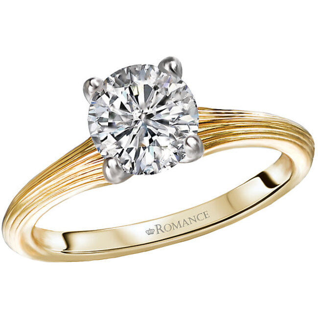 Romance This semi-mount ring is made of high polished 14kt yellow gold with a ribbed design along the shank and a center setting that will accommodate a 6.5mm round diamond.