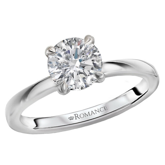 Romance This beautiful high polished 14kt white gold semi-mount engagement ring has a solitaire setting that will accommodate a 6.5mm round diamond. (D .04 carat total weight)
