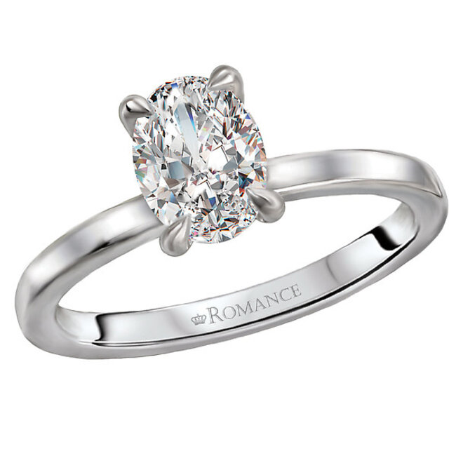 Romance This beautiful high polished 14kt white gold semi-mount engagement ring has a solitaire setting that will accommodate a 7.5x5.5mm oval shaped diamond. (D .04 carat total weight)