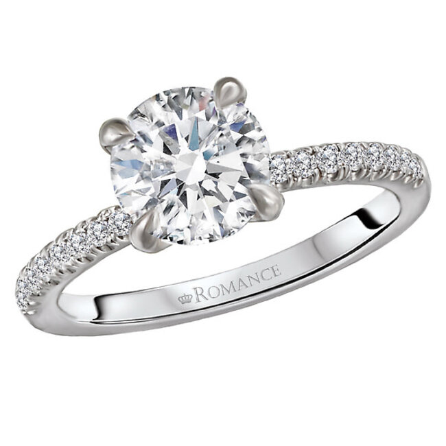 Romance This 14kt white gold semi-mount engagment ring has round micro-set diamonds aligning the shank on both sides of a setting that will accommodate a 8.2mm round diamond. (D 1/5 carat total weight)