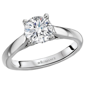 Romance High polished 14kt white gold semi-mount solitaire engagement ring.  This setting will accommodate a 6.5mm round diamond, sold separately.