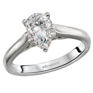 Romance High polished 14kt white gold semi-mount solitaire engagement ring.  This setting will accommodate a 8x5.5mm pear shaped diamond, sold separately.