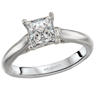 Romance High polished 14kt white gold semi-mount solitaire engagement ring.  This setting will accommodate a 5.5x5.5mm princess cut diamond, sold separately.