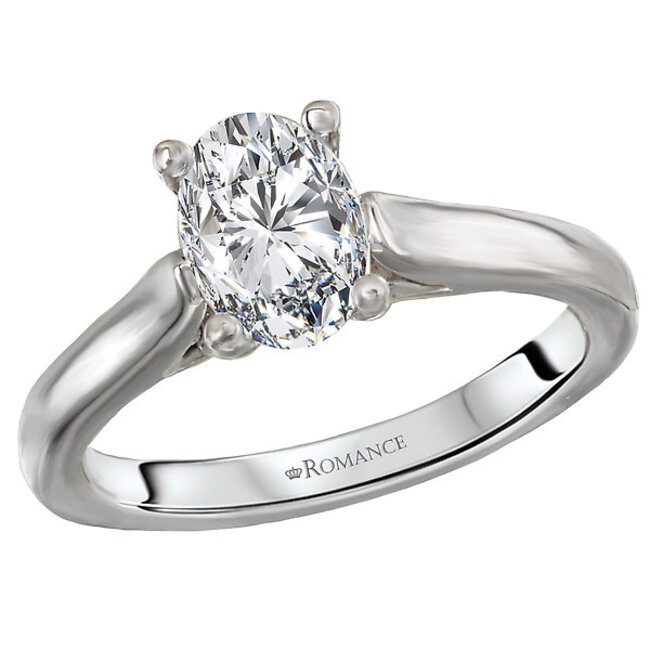 Romance High polished 14kt white gold semi-mount solitaire engagement ring.  This setting will accommodate a 7.5x5.5mm oval diamond, sold separately.