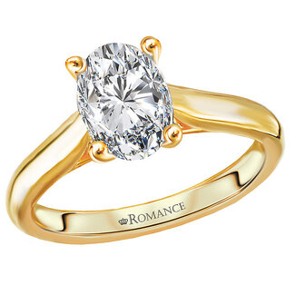 Romance High polished 14kt yellow gold semi-mount solitaire engagement ring.  This setting will accommodate a 7.5x5.5mm oval diamond, sold separately.