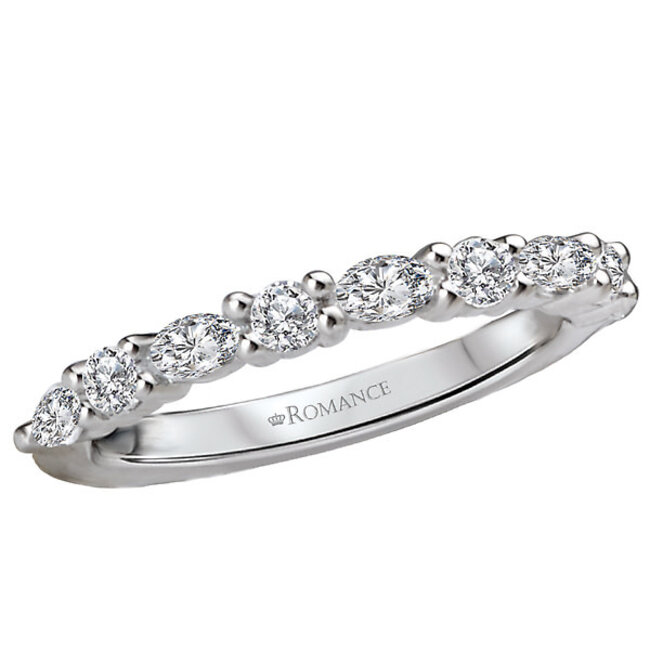Romance This matching wedding band is lined with sparkling marquise and round shaped diamonds that are set in polished 14kt white gold.  (D 1/2 carat total weight)
