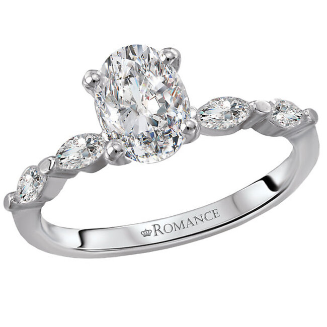 Romance Dazzling engagement ring created in high polished 14kt white gold showcases marquise sparkling diamonds surrounding the center setting that will accommodate an 7.5x5.5mm oval diamond. (D 1/4 carat total weight)