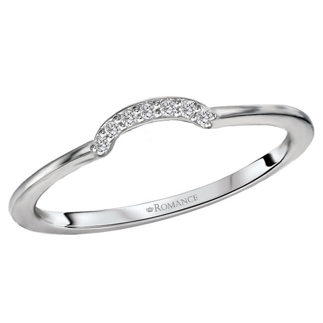 Romance Curved nesting wedding band with sparkling round diamonds set in 14kt white gold. (D .04 carat total weight)