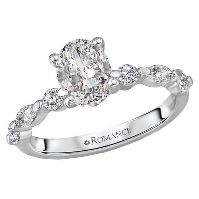 Romance This classic bridal ring sparkles with round and marquise shaped diamonds along the 14kt white gold shaft and a center setting that will accommodate a 7.5x5.5mm oval stone. (D 1/3ctw)