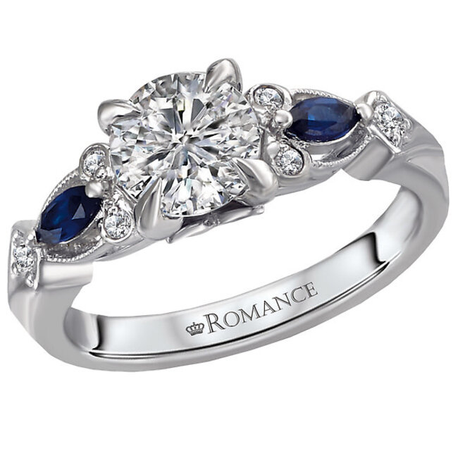 Romance This expertly hand-crafted 14kt white gold ring accented with milgrain detail, displays brilliant cut sapphires and round diamonds.  (D .09 carat weight; S 1/5 carat weight)