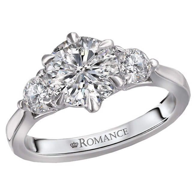 Romance Dazzling six prong setting engagement ring is surrounded by two brilliant cut 1/5 round diamonds all set in high polished 14kt white gold. This semi mount ring will accommodate a round 7.4mm diamond or gemstone to complete this 3-stone look.