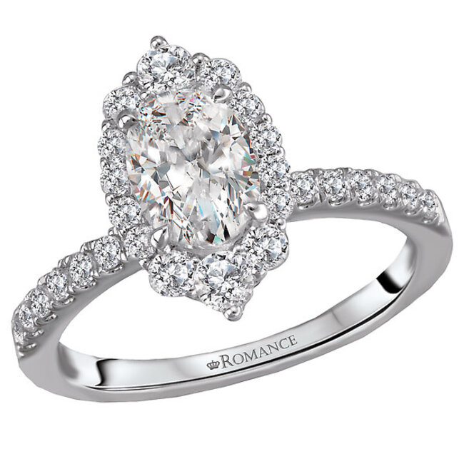 Romance This elegant ring features a halo center created with round sparkling diamonds set in 14kt white gold. (D 5/8 carat total weight) This ring is a SEMI-MOUNT and it comes with NO CENTER STONE as shown but it will accommodate a 7.5x5.5mm oval cut center.