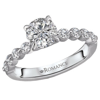 Romance This bridal ring showcases sparkling diamonds surrounding the claw prong setting created in 14kt white gold that will accommodate a 6.5mm round center. (D. 3/8 carat total weight)